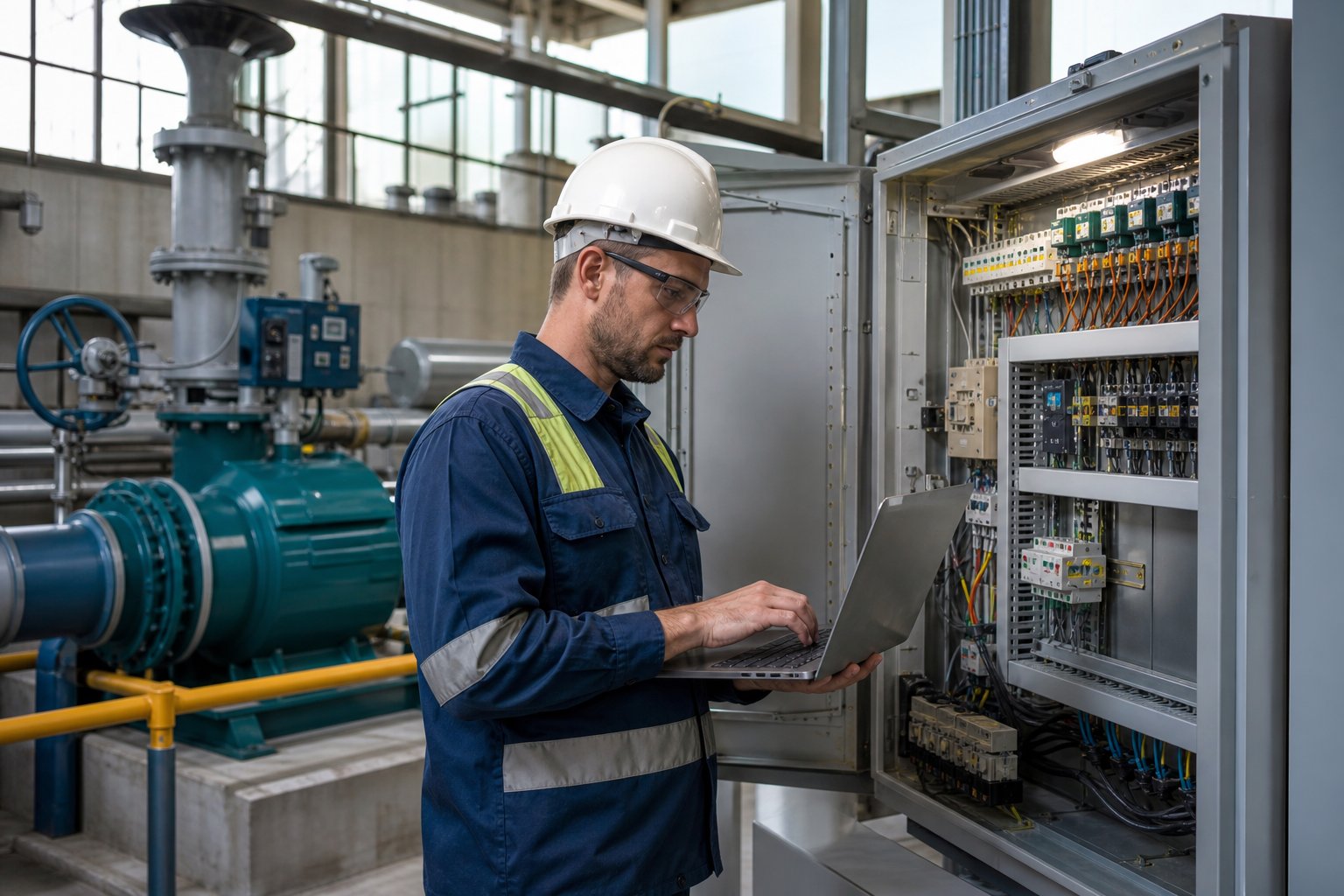 Controls engineer using a laptop beside an electrical cabinet